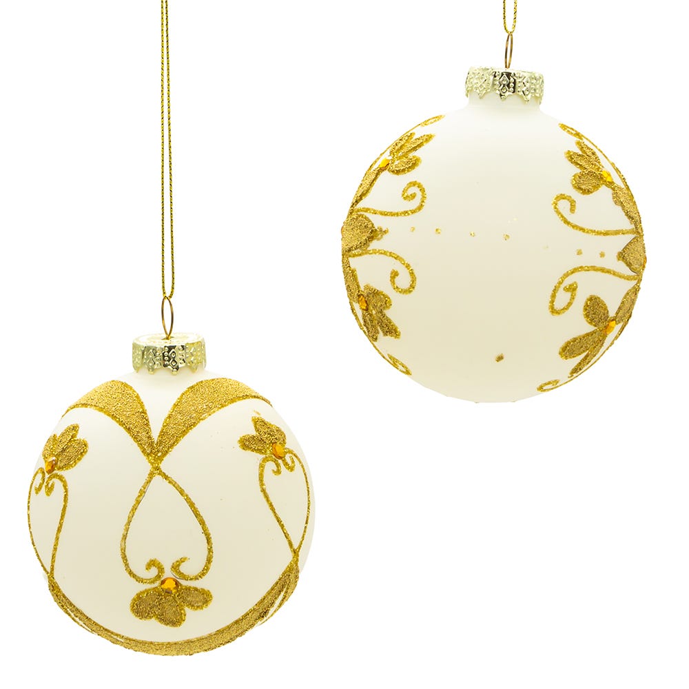 Kurt Adler 80 MM White Balls with Gold Beads, 6-Piece Set